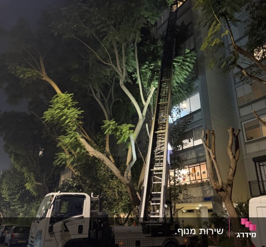 משאית מנוף ליד בניין בלילה